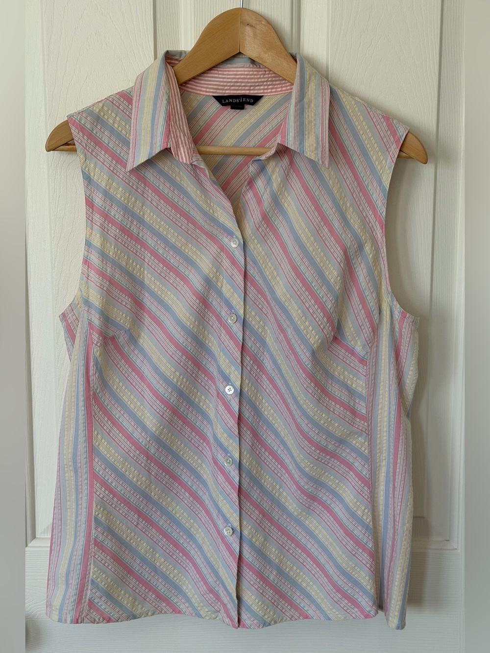 Lands' End Pastel Striped Sleeveless Button-Down Shirt